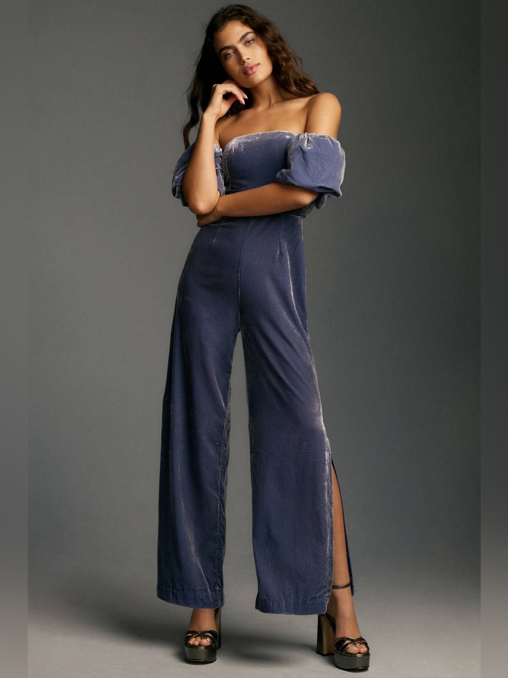 Anthropologie Femme Velvet Jumpsuit in Blue Gray Sz 2 NWT